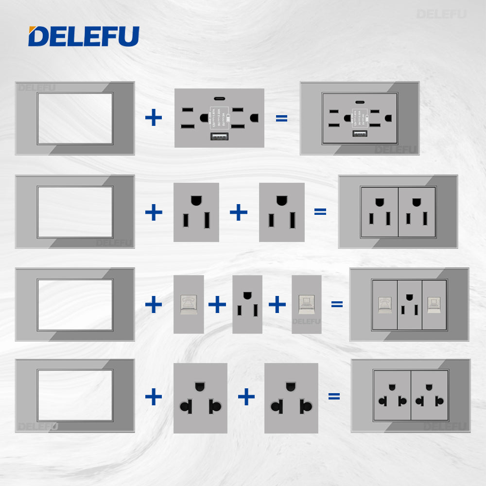 DELEFU Brasil 10A 20A Padrão Combinação Livre Cinza 118mm * 72mm DIY Switch CAT6 Computador TV Telefone Satélite Tomada de Parede