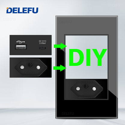 DELEFU Brasil 10A 20A Padrão Combinação Livre Preto 118mm * 72mm DIY Switch CAT6 Computador TV Telefone Satélite Tomada de Parede