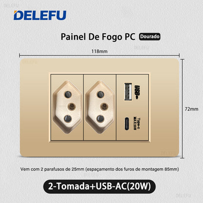 DELEFU À Prova De Fogo PC Brasil Soquete Padrão Duplo USB Tipo-c Interruptor 4 * 2 Ouro 10A 20A