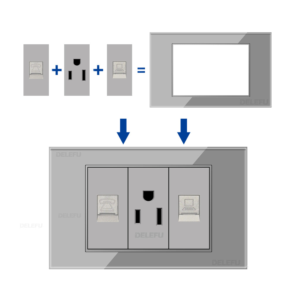 DELEFU Brasil 10A 20A Padrão Combinação Livre Cinza 118mm * 72mm DIY Switch CAT6 Computador TV Telefone Satélite Tomada de Parede