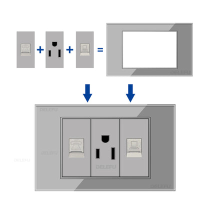 DELEFU Brasil 10A 20A Padrão Combinação Livre Cinza 118mm * 72mm DIY Switch CAT6 Computador TV Telefone Satélite Tomada de Parede