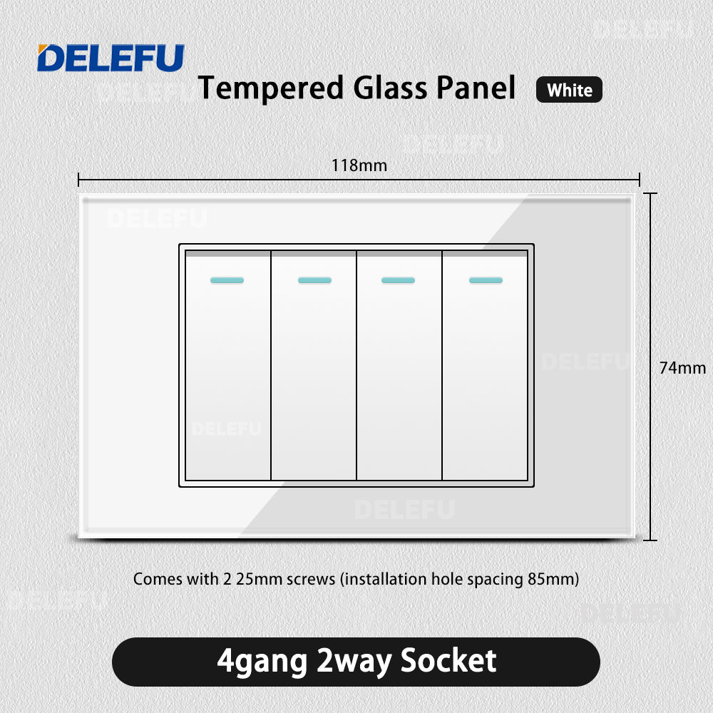 DELEFU 4*2 Branco Temperado Vidro Brasil Soquete Padrão Duplo Usb Tipo C Parede Soquete Interruptor 10A 20A