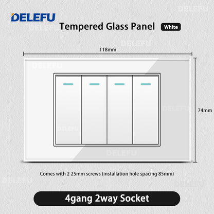 DELEFU 4*2 Branco Temperado Vidro Brasil Soquete Padrão Duplo Usb Tipo C Parede Soquete Interruptor 10A 20A