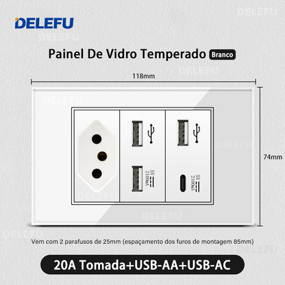 DELEFU 4*2 Branco Temperado Vidro Brasil Soquete Padrão Duplo Usb Tipo C Parede Soquete Interruptor 10A 20A