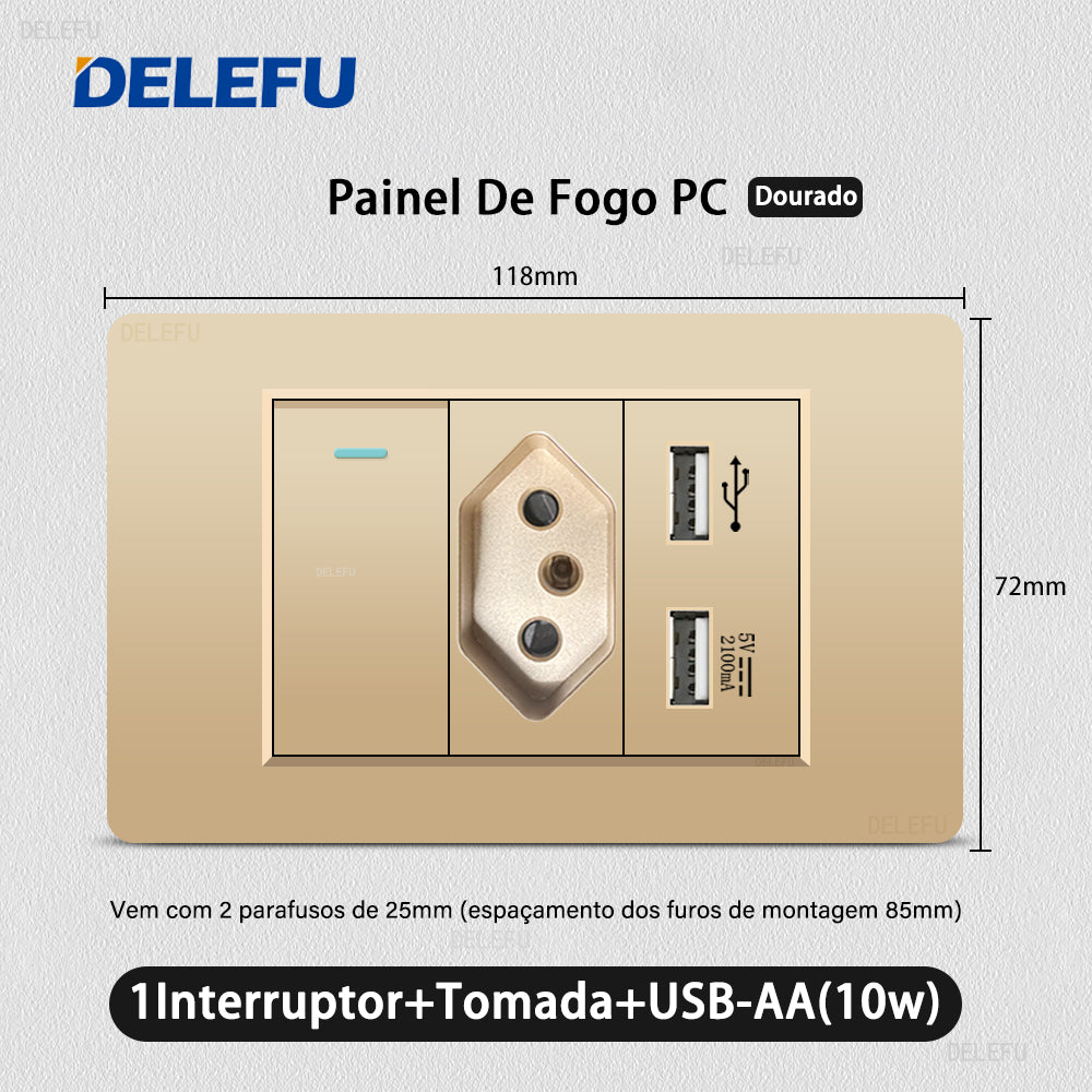 DELEFU À Prova De Fogo PC Brasil Soquete Padrão Duplo USB Tipo-c Interruptor 4 * 2 Ouro 10A 20A
