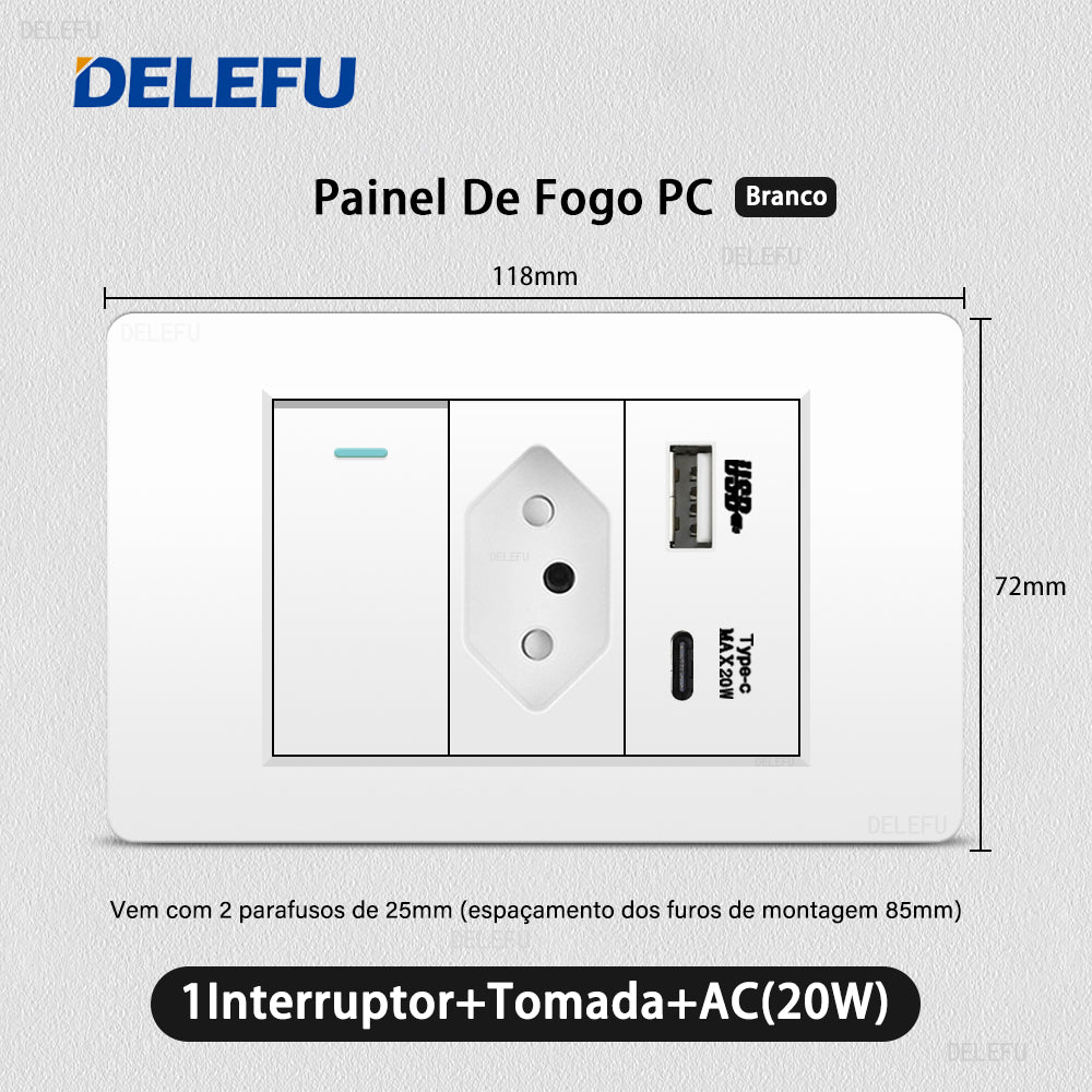 DELEFU À Prova De Fogo PC Brasil Soquete Padrão Duplo USB Tipo-c Interruptor 4 * 2 Branco 10A 20A