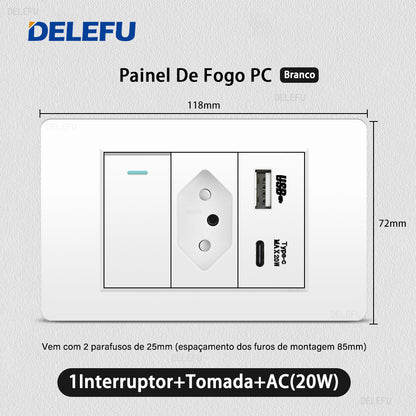 DELEFU À Prova De Fogo PC Brasil Soquete Padrão Duplo USB Tipo-c Interruptor 4 * 2 Branco 10A 20A