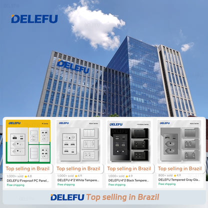 DELEFU À Prova De Fogo PC Brasil Soquete Padrão Duplo USB Tipo-c Interruptor 4 * 2 Preto 10A 20A
