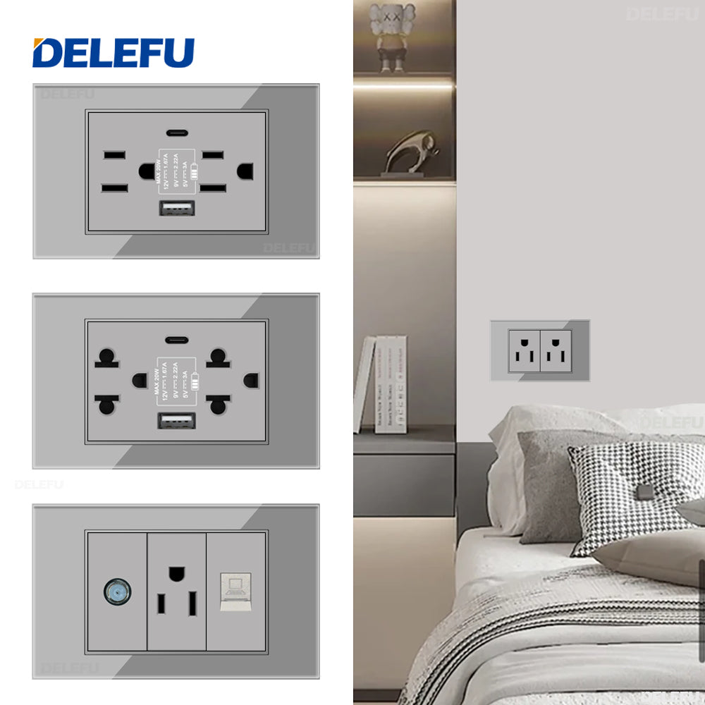 DELEFU Brasil 10A 20A Padrão Combinação Livre Cinza 118mm * 72mm DIY Switch CAT6 Computador TV Telefone Satélite Tomada de Parede