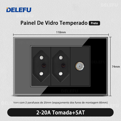DELEFU 4*2 Preto Temperado Vidro Brasileiro Soquete Padrão Duplo Usb Tipo C Parede Soquete Interruptor 10A 20A