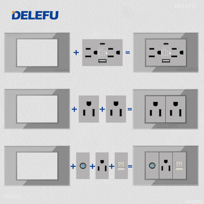 DELEFU Brasil 10A 20A Padrão Combinação Livre Cinza 118mm * 72mm DIY Switch CAT6 Computador TV Telefone Satélite Tomada de Parede
