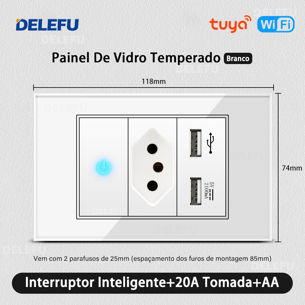 DELEFU 4*2 Branco Temperado Vidro Brasil Soquete Padrão Duplo Usb Tipo C Parede Soquete Interruptor 10A 20A