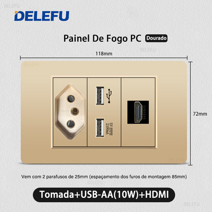DELEFU À Prova De Fogo PC Brasil Soquete Padrão Duplo USB Tipo-c Interruptor 4 * 2 Ouro 10A 20A