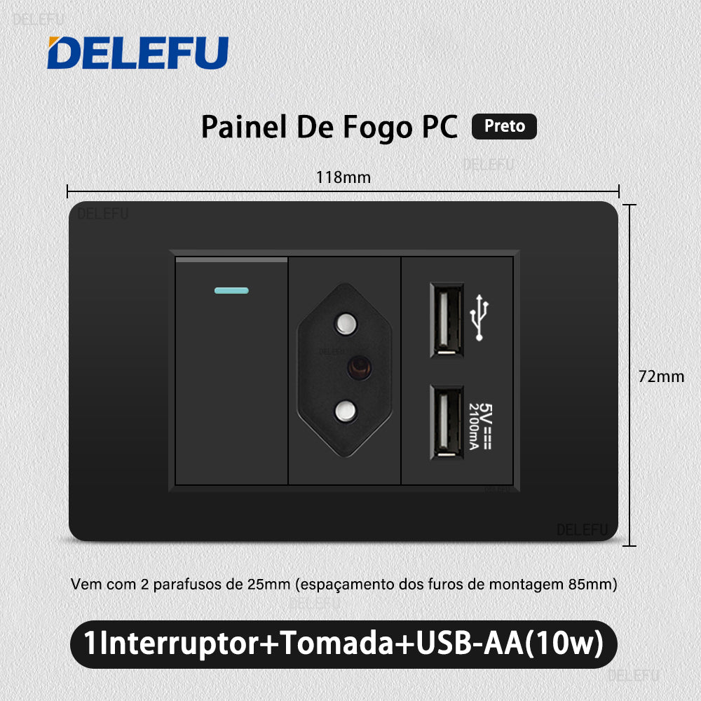 DELEFU À Prova De Fogo PC Brasil Soquete Padrão Duplo USB Tipo-c Interruptor 4 * 2 Preto 10A 20A