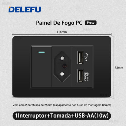 DELEFU À Prova De Fogo PC Brasil Soquete Padrão Duplo USB Tipo-c Interruptor 4 * 2 Preto 10A 20A
