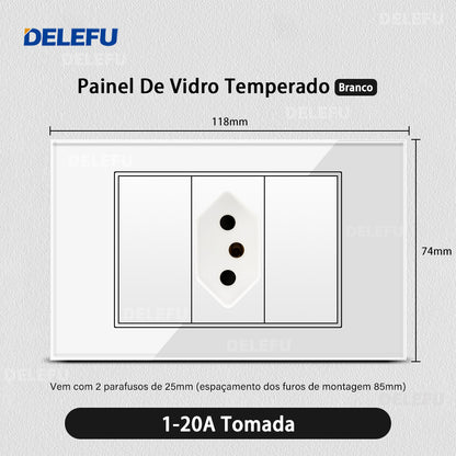 DELEFU 4*2 Branco Temperado Vidro Brasil Soquete Padrão Duplo Usb Tipo C Parede Soquete Interruptor 10A 20A